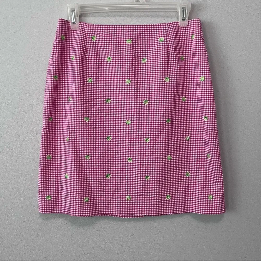 Talbots Petites Vintage Lime Printed Gingham Skirt Size 10P